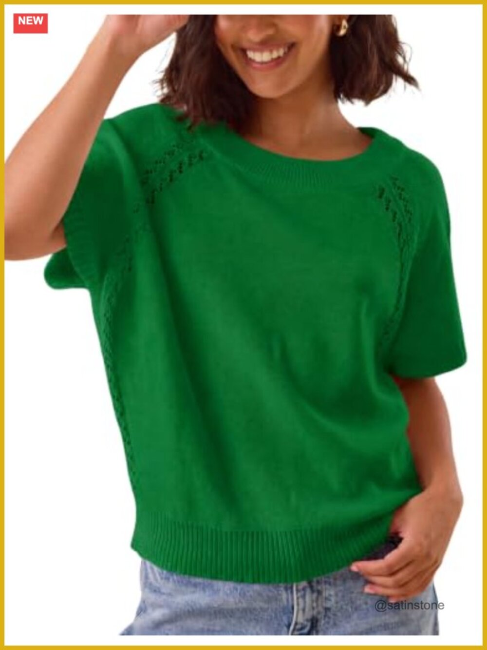 Women Knit Crochet Top Short Sleeve Crew Neck Loose Fit Pullover Sweater Summer